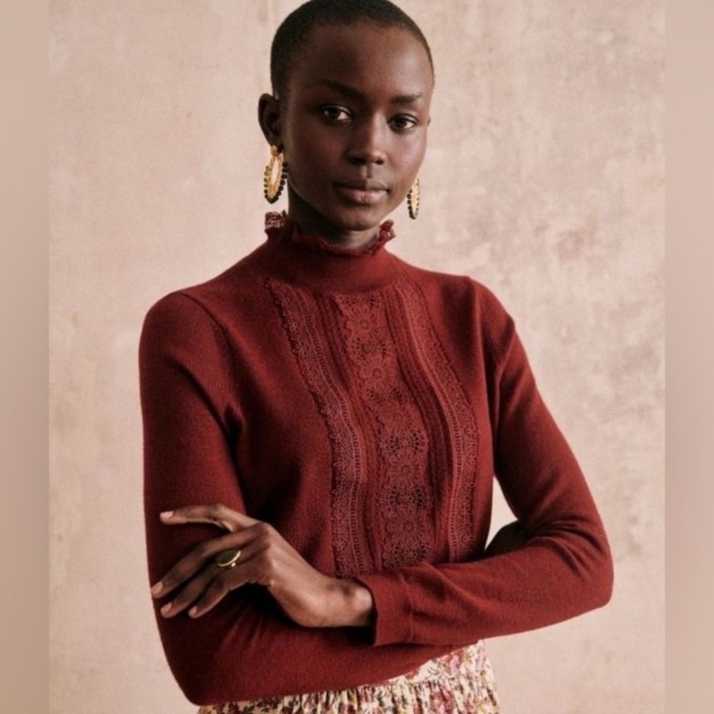 🍷 Sézane Kate Jumper in Burgundy | Size SMALL | Lace Detail Sweater